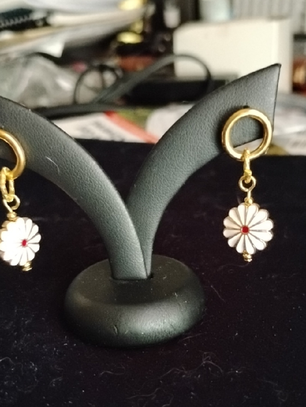 Hand Crafted Gold and White Daisy Drop Earrings with Red Center - Picture 6 of 7